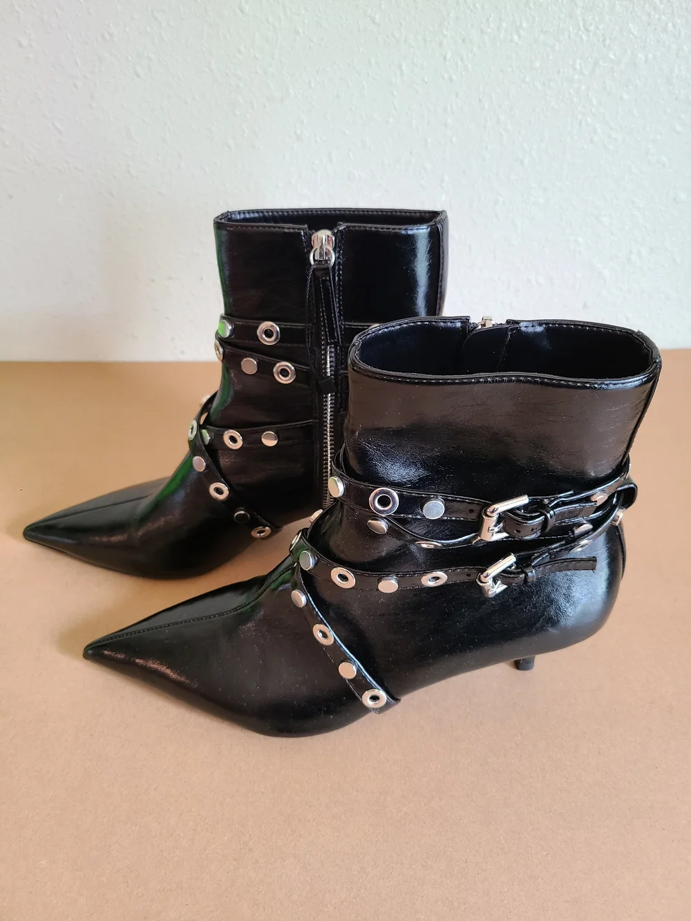Zara Black Pointed-Toe Grommet Strap Ankle Booties